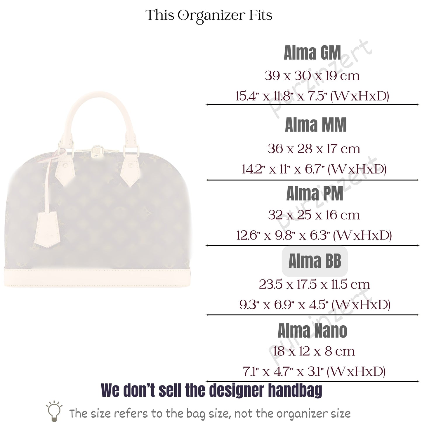 Bag Insert for (LV, Alma BB) Organizer of Silk Fabric