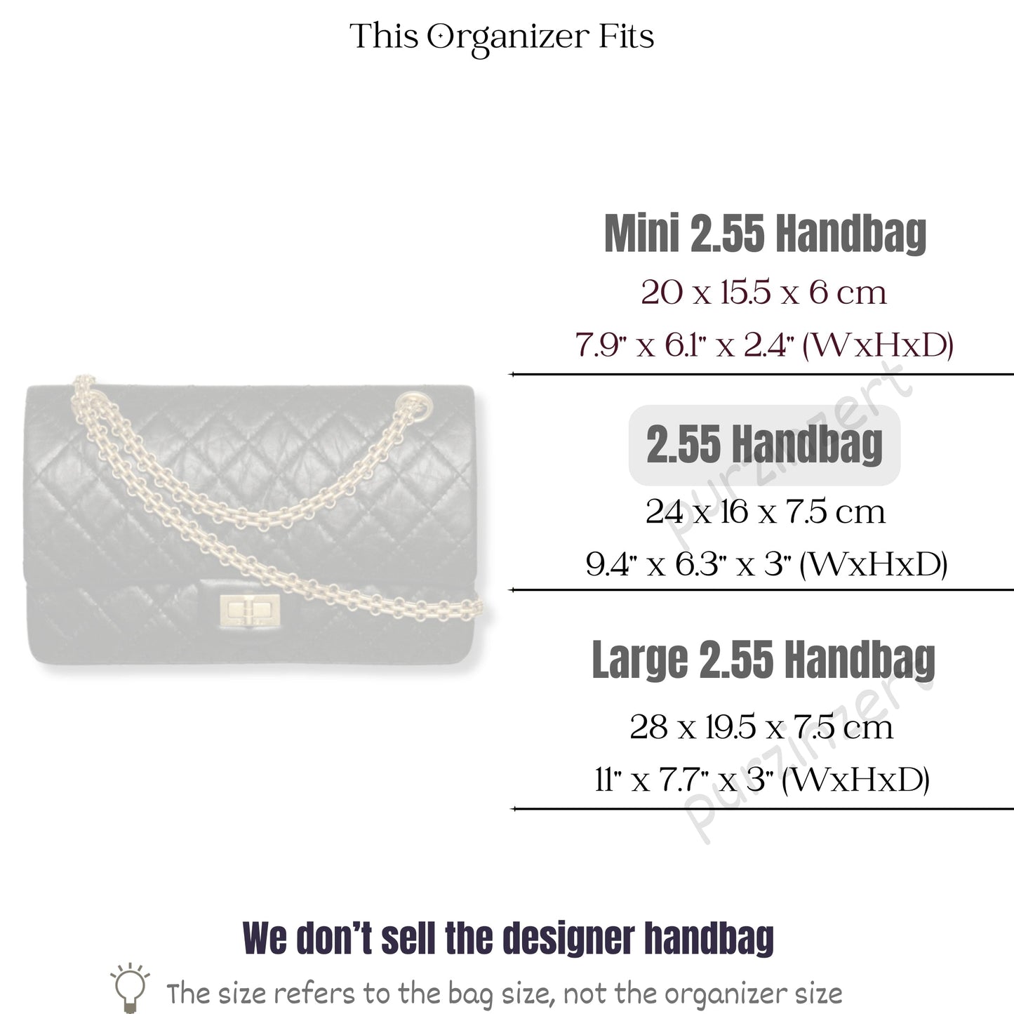 Bag Insert for (Chanel, 2.55 Handbag 24W 16H) Organizer of Silk Fabric