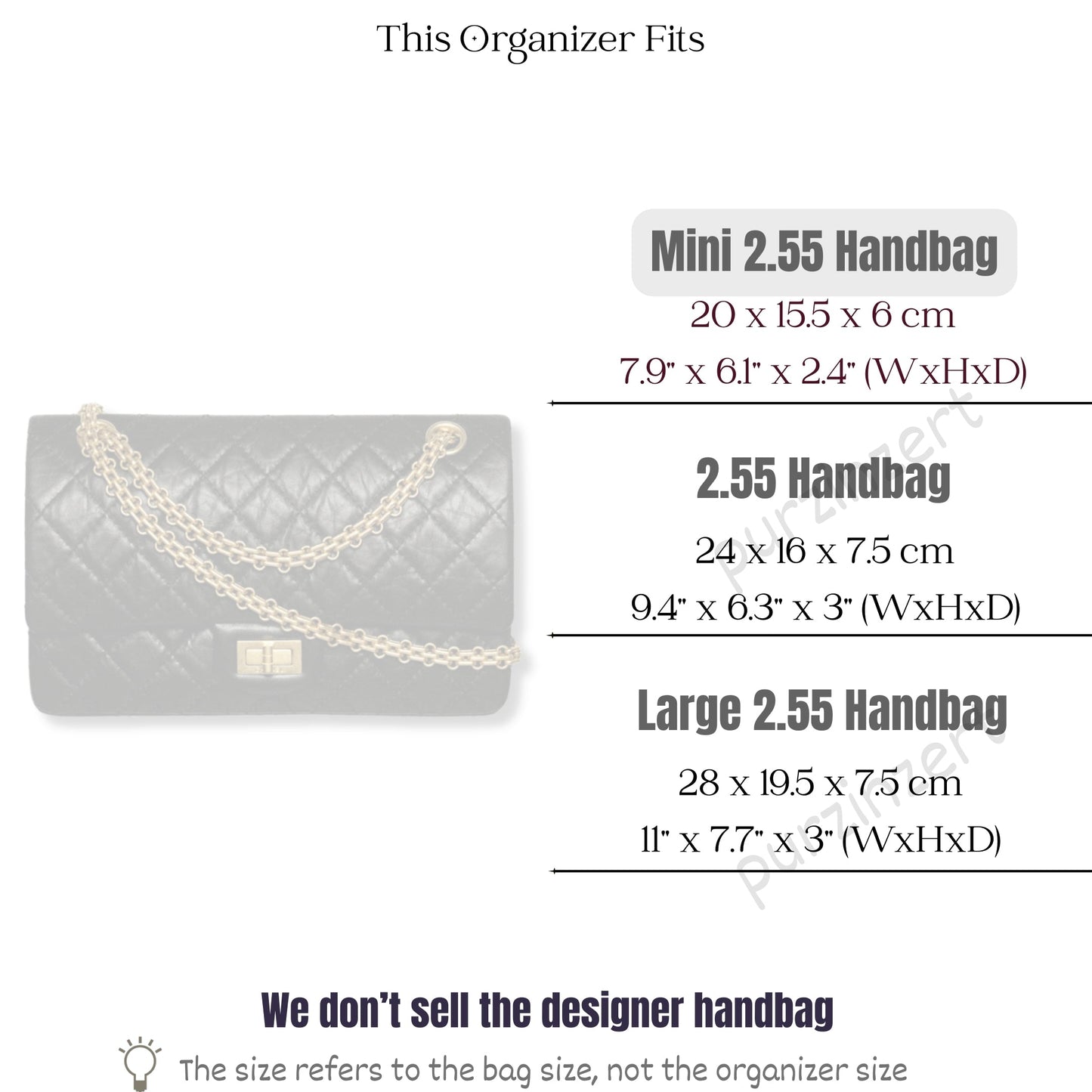 Bag Insert for (Chanel, Mini 2.55 Handbag) Organizer of Felt Fabric