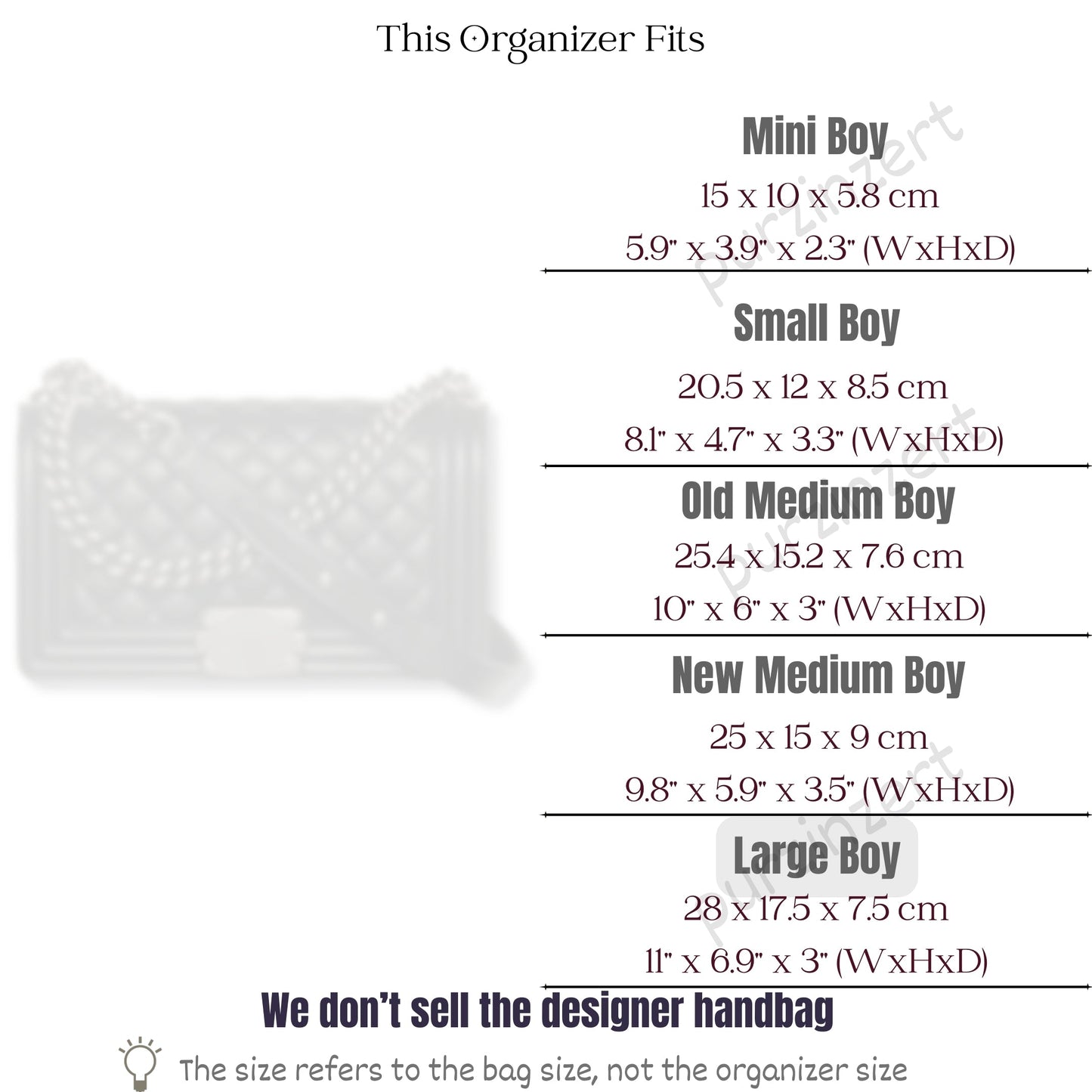 Bag Insert for (Chanel, Large Boy Chanel Handbag) Organizer of Silk Fabric