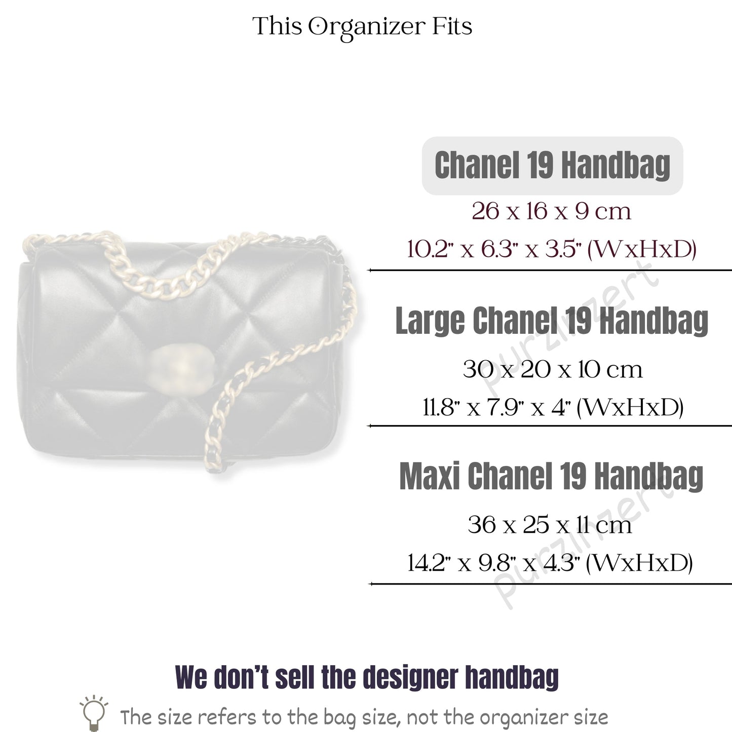 Bag Insert for (Chanel, Chanel 19 Handbag 26W 16H) Organizer of Silk Fabric