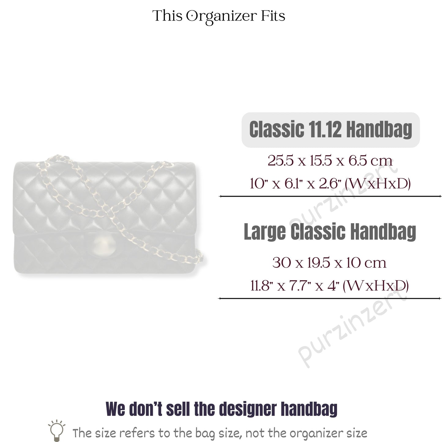 Bag Insert for (Chanel, Classic 11.12 Handbag) Organizer of Felt Fabric