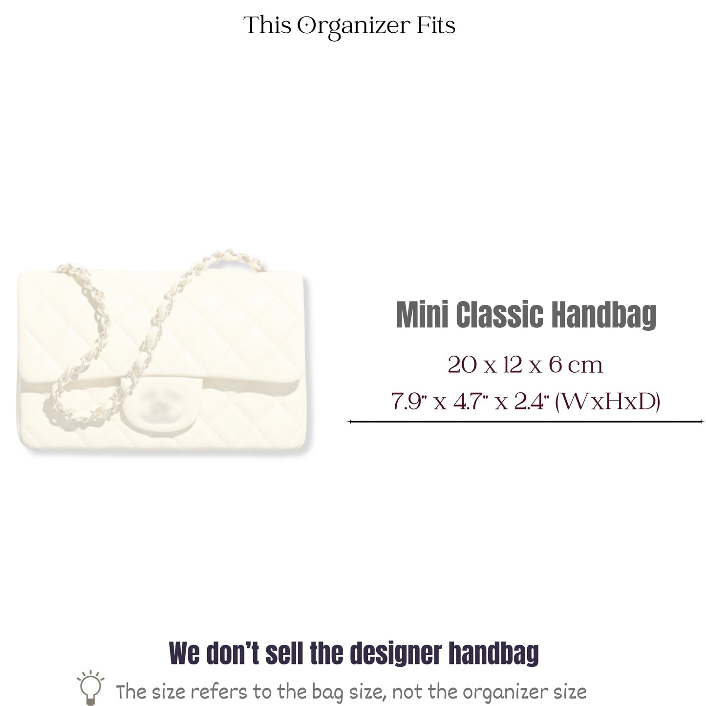 Bag Insert for (Chanel, Mini Classic Handbag 20W 12H) Organizer of Silk Fabric