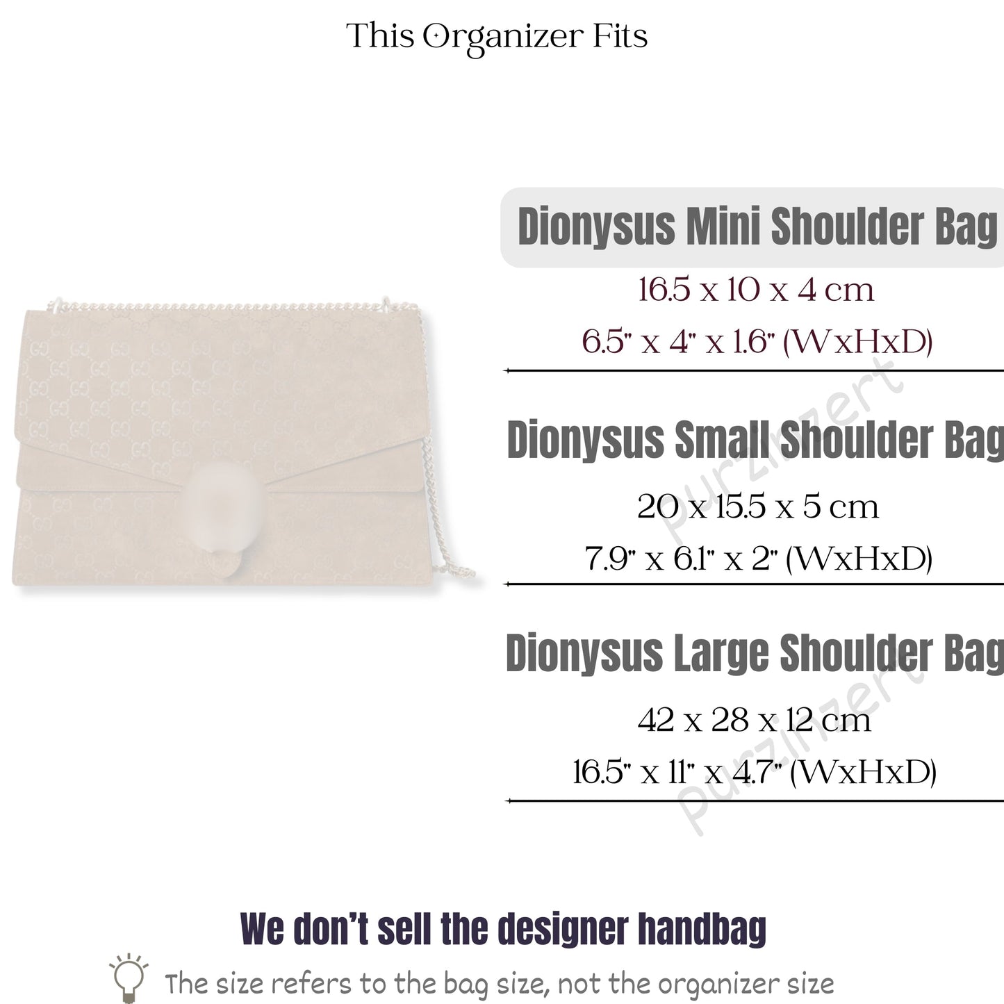 Bag Insert for (Gucci, Dionysus mini shoulder bag) Organizer of Felt Fabric