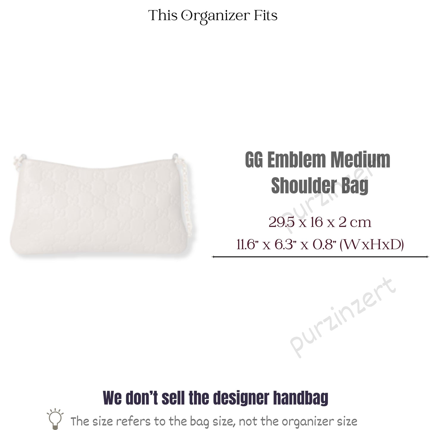 Bag Insert for (Gucci, GG Emblem medium shoulder bag, 11.6W x 6.3H x 0.8D) Organizer of Felt Fabric