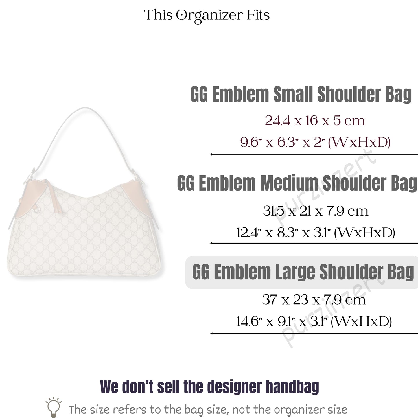 Bag Insert for (Gucci, GG Emblem large shoulder bag, 14.6W x 9.1H x 3.1D) Organizer of Silk Fabric