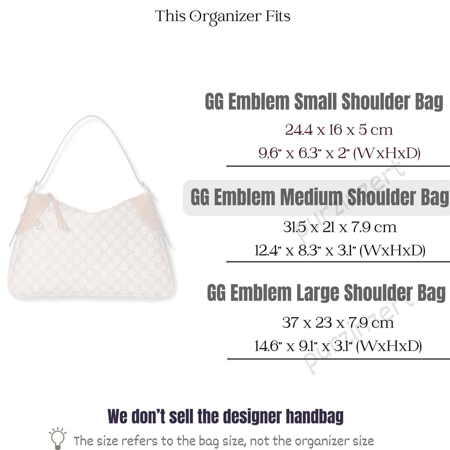 Bag Insert for (Gucci, GG Emblem medium shoulder bag, 12.4W x 8.3H x 3.1D) Organizer of Felt Fabric