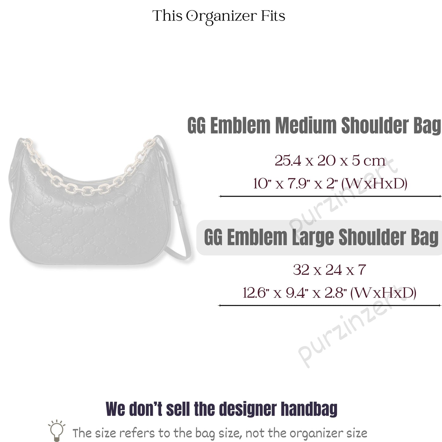 Bag Insert for (Gucci, GG Emblem Large shoulder bag, 12.6W x 9.4H x 2.8D) Organizer of Silk Fabric