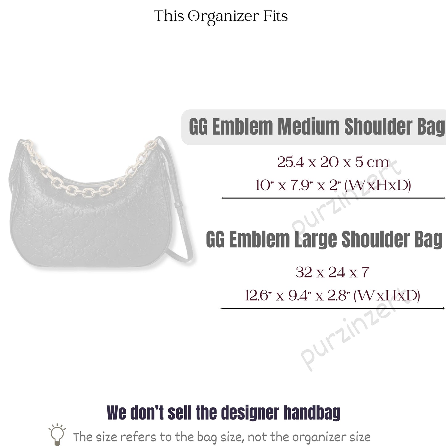 Bag Insert for (Gucci, GG Emblem medium shoulder bag, 10W x 7.9H x 2D) Organizer of Felt Fabric