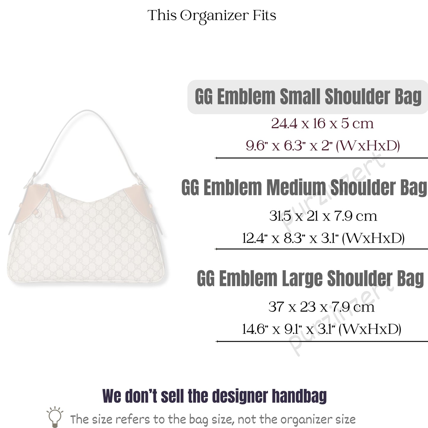 Bag Insert for (Gucci, GG Emblem small shoulder bag, 9.6W x 6.3H x 2D) Organizer of Silk Fabric