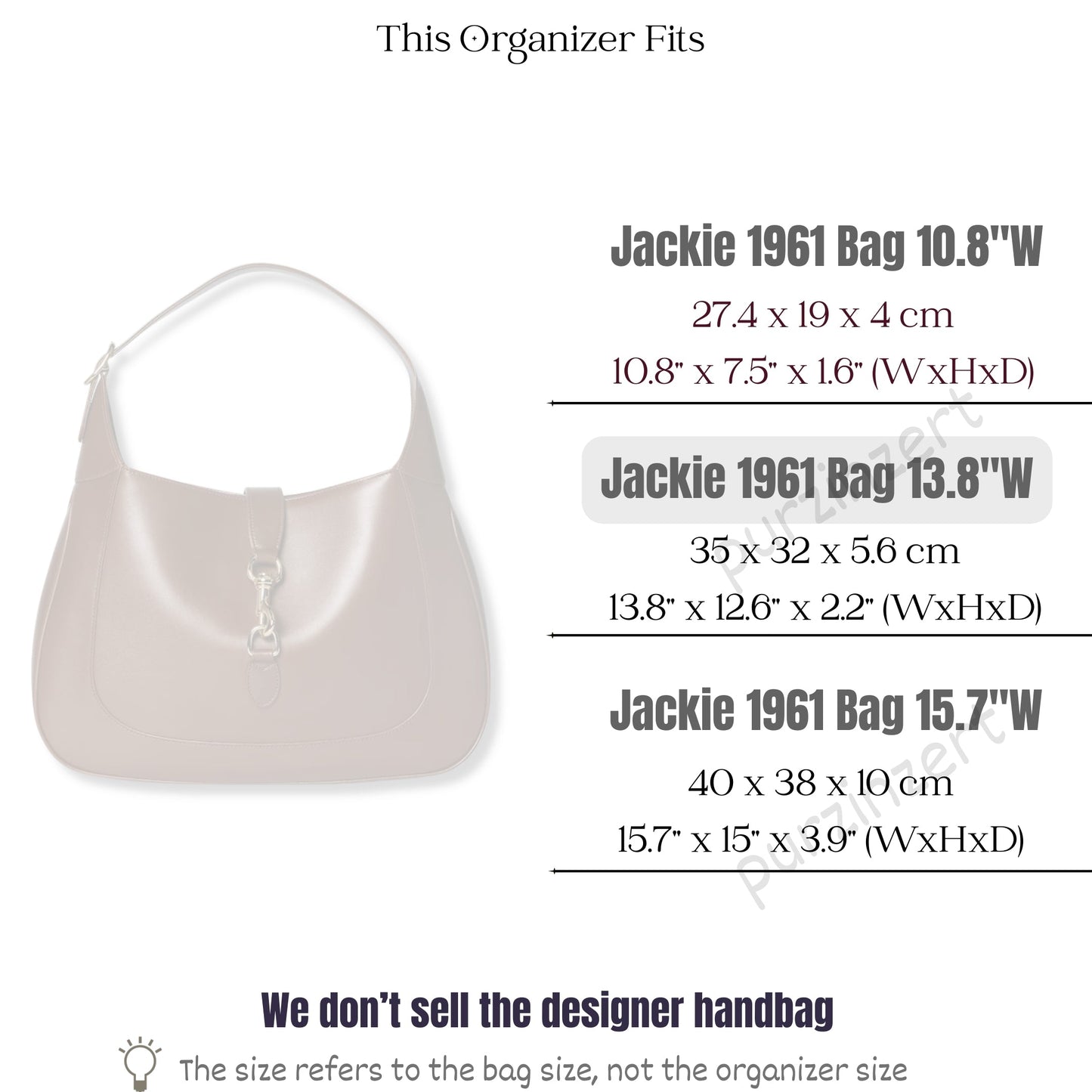 Bag Insert for (Gucci, Jackie 1961 Large Bag 13.8W, 13.8W x 12.6H x 2.2D) Organizer of Felt Fabric