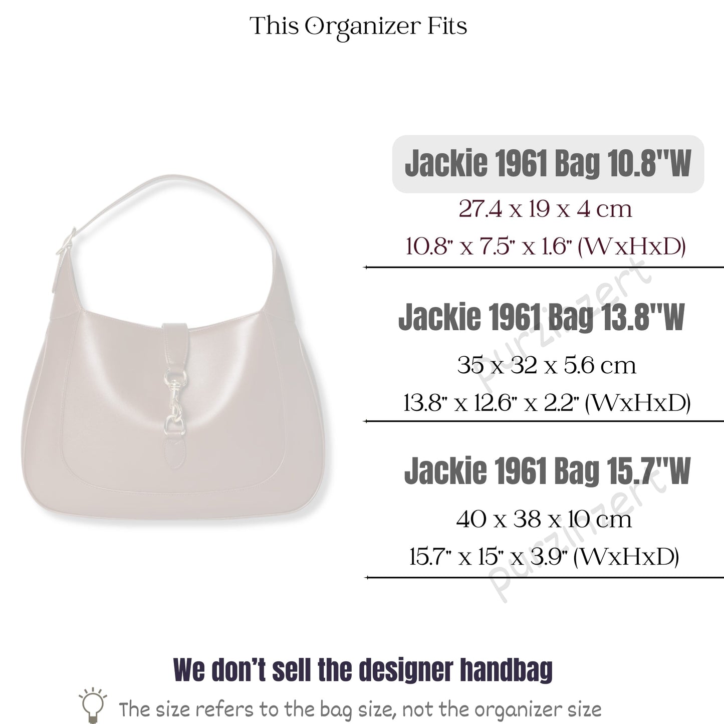 Bag Insert for (Gucci, Jackie 1961 Medium Bag 10.8W, 10.8W x 7.5H x 1.6D) Organizer of Silk Fabric