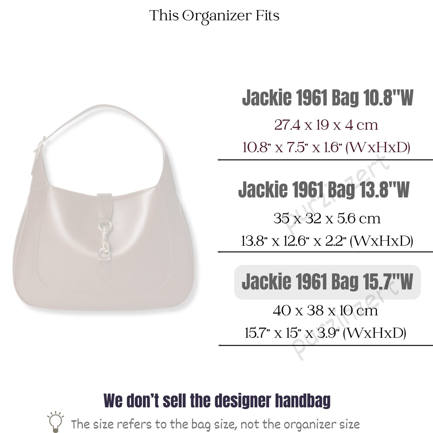 Bag Insert for (Gucci, Jackie 1961 Large Bag 15.7W, 15.7W x 15H x 3.9D) Organizer of Silk Fabric