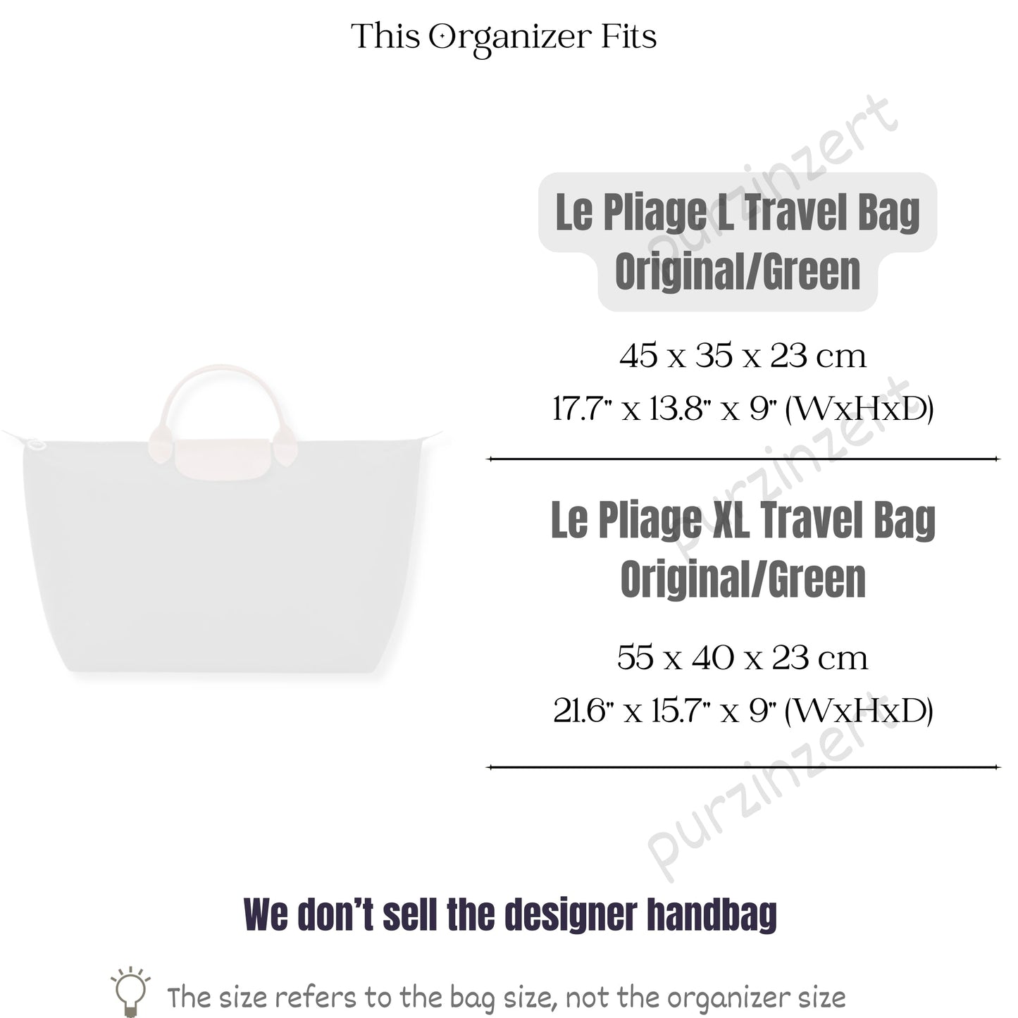 Bag Insert for (Longchamp, Le Pliage Green L Travel Bag) Organizer of Felt Fabric