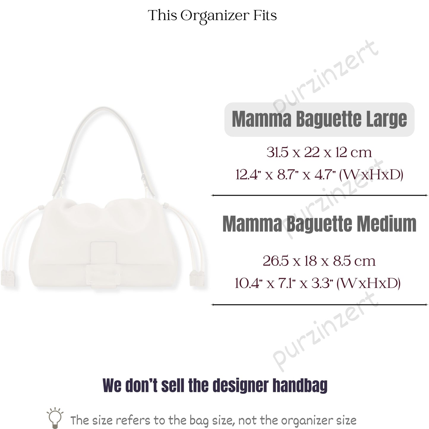 Bag Insert for (Fendi, Mamma Baguette Large) Organizer of Silk Fabric