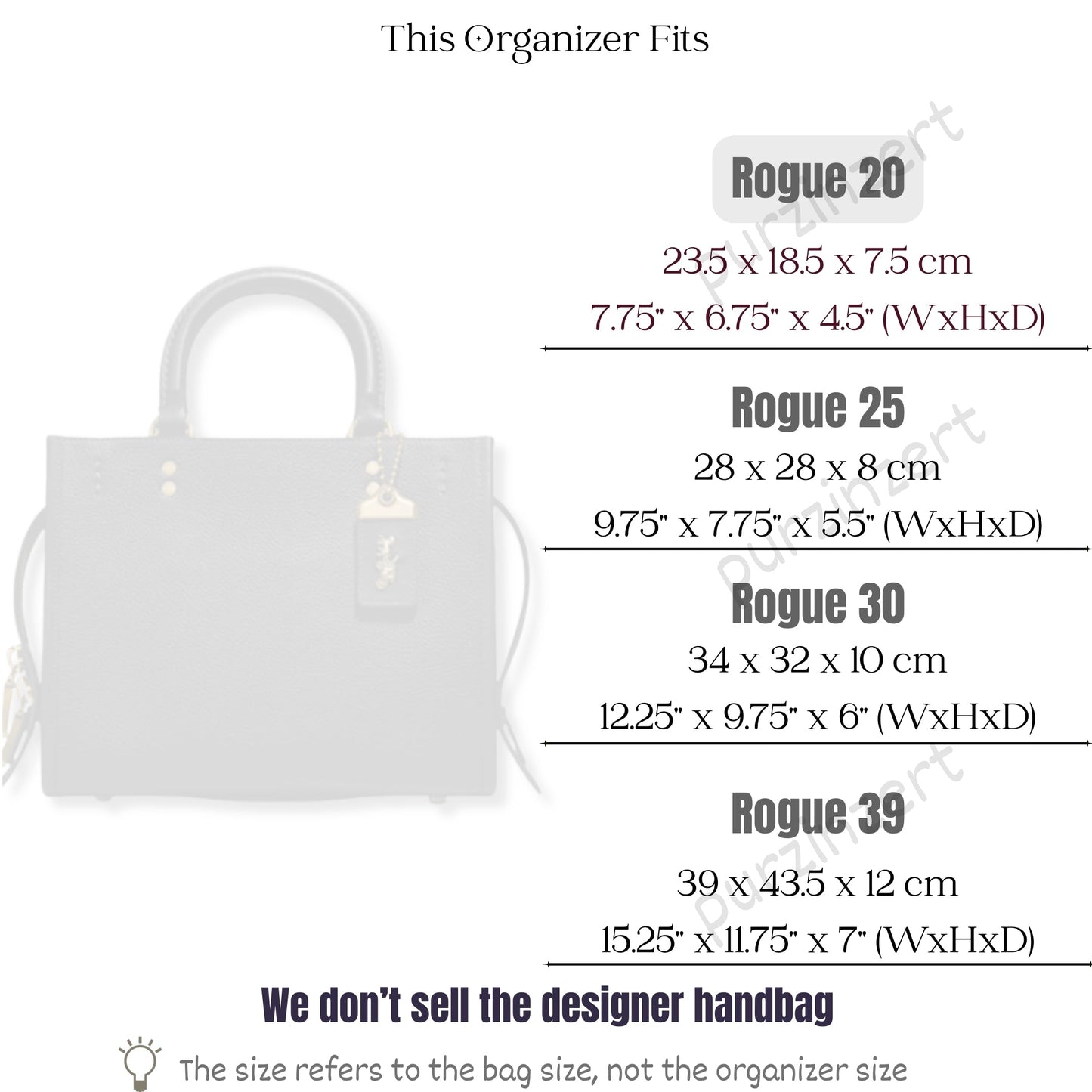 Bag Insert for (Coach, Rogue 20) Organizer of Silk Fabric