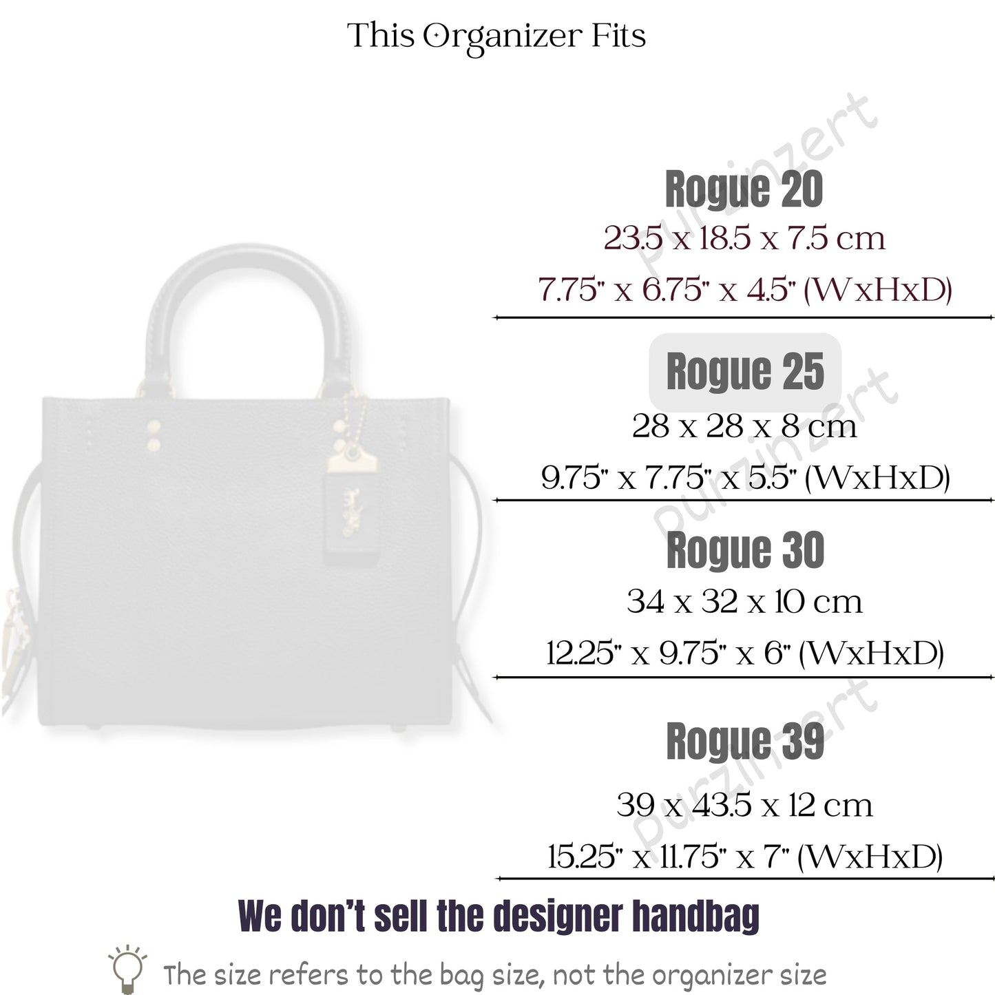 Bag Insert for (Coach, Rogue 25) Organizer of Silk Fabric