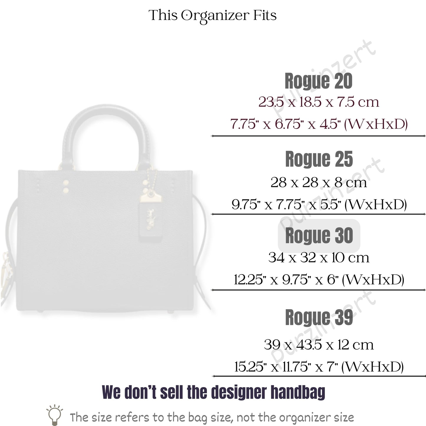 Bag Insert for (Coach, Rogue 30) Organizer of Felt Fabric