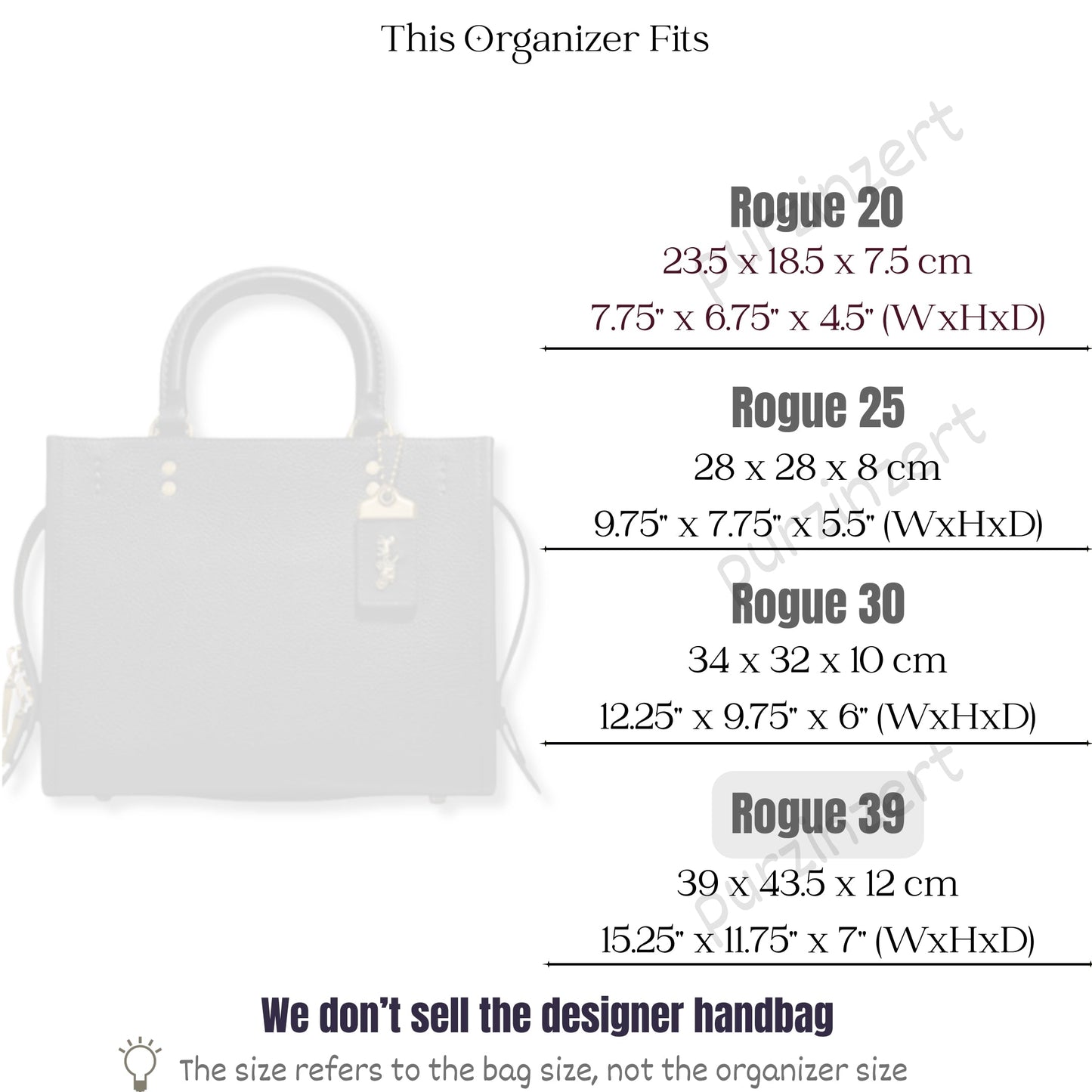 Bag Insert for (Coach, Rogue 39) Organizer of Silk Fabric