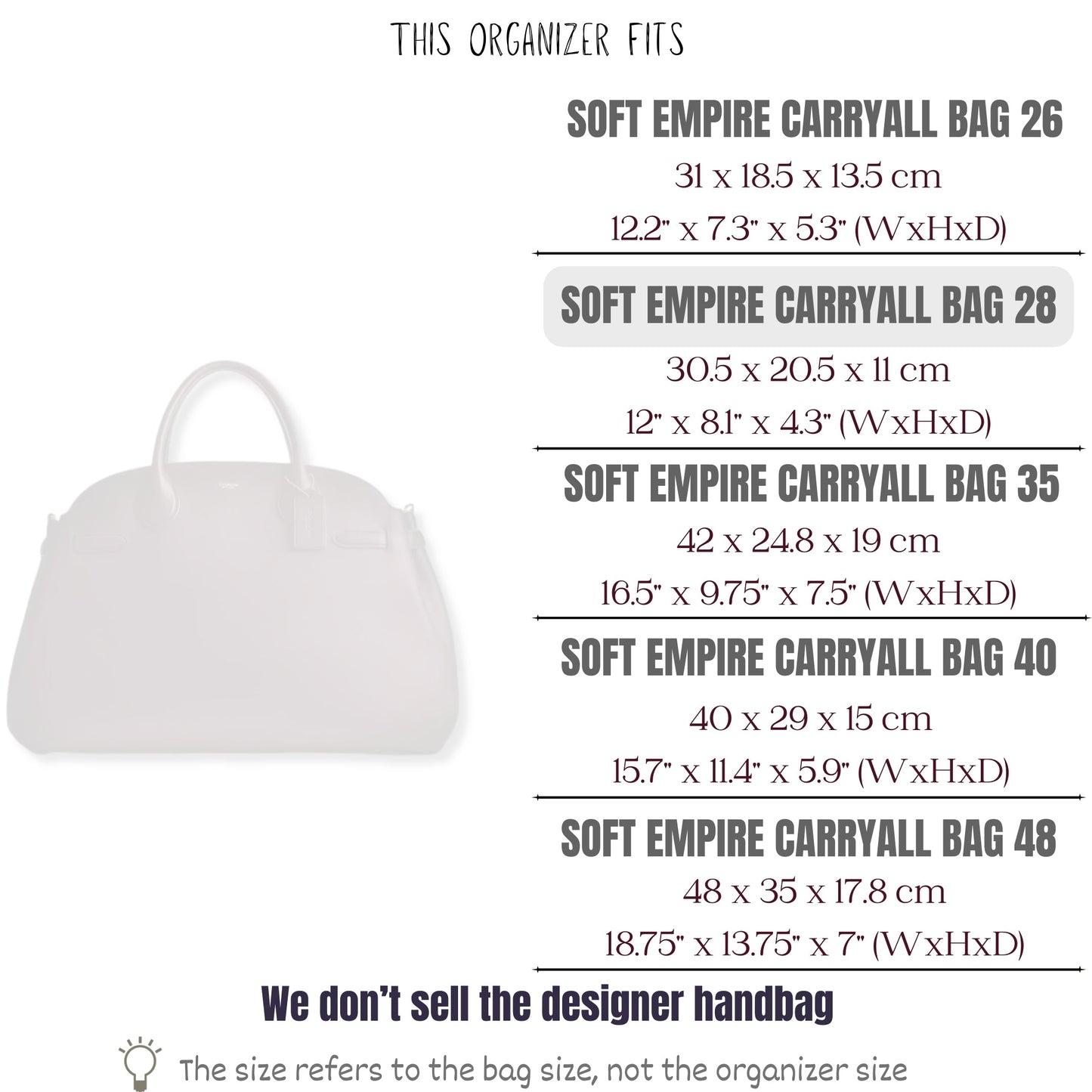 Bag Insert for (Coach, Soft Empire Carryall 28) Organizer of Silk Fabric
