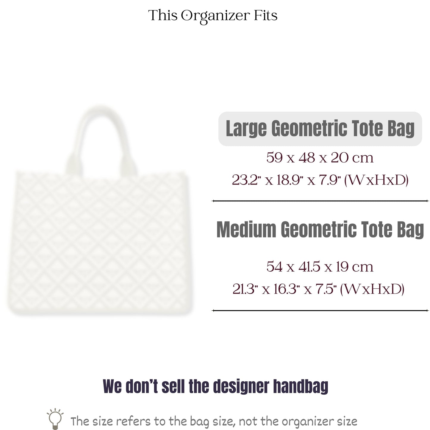 Bag Insert for (Harrods, Large Geometric Tote Bag) Organizer of Felt Fabric