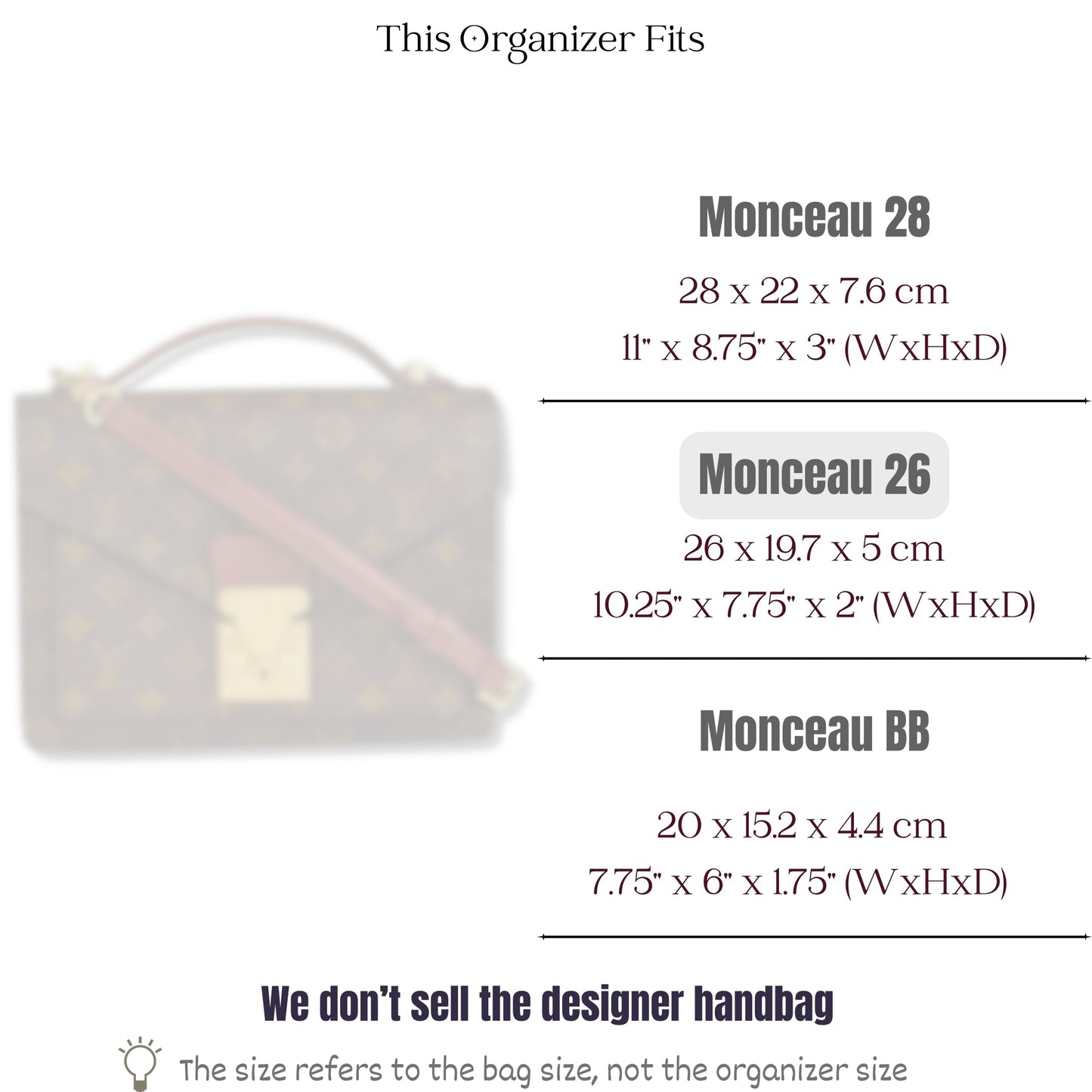 Bag Insert for (LV, Monceau 26) Organizer of Felt Fabric