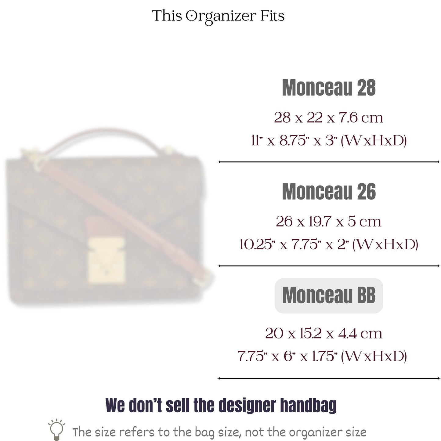 Bag Insert for (LV, Monceau BB) Organizer of Silk Fabric