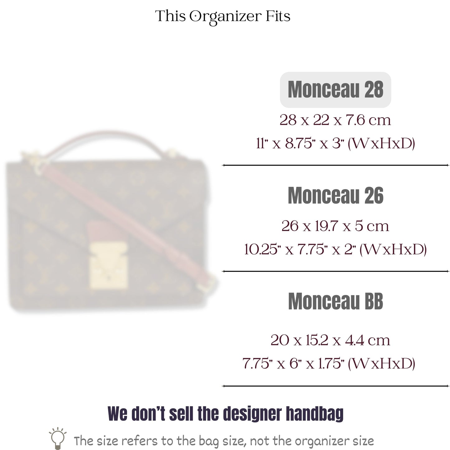 Bag Insert for (LV, Monceau 28) Organizer of Silk Fabric