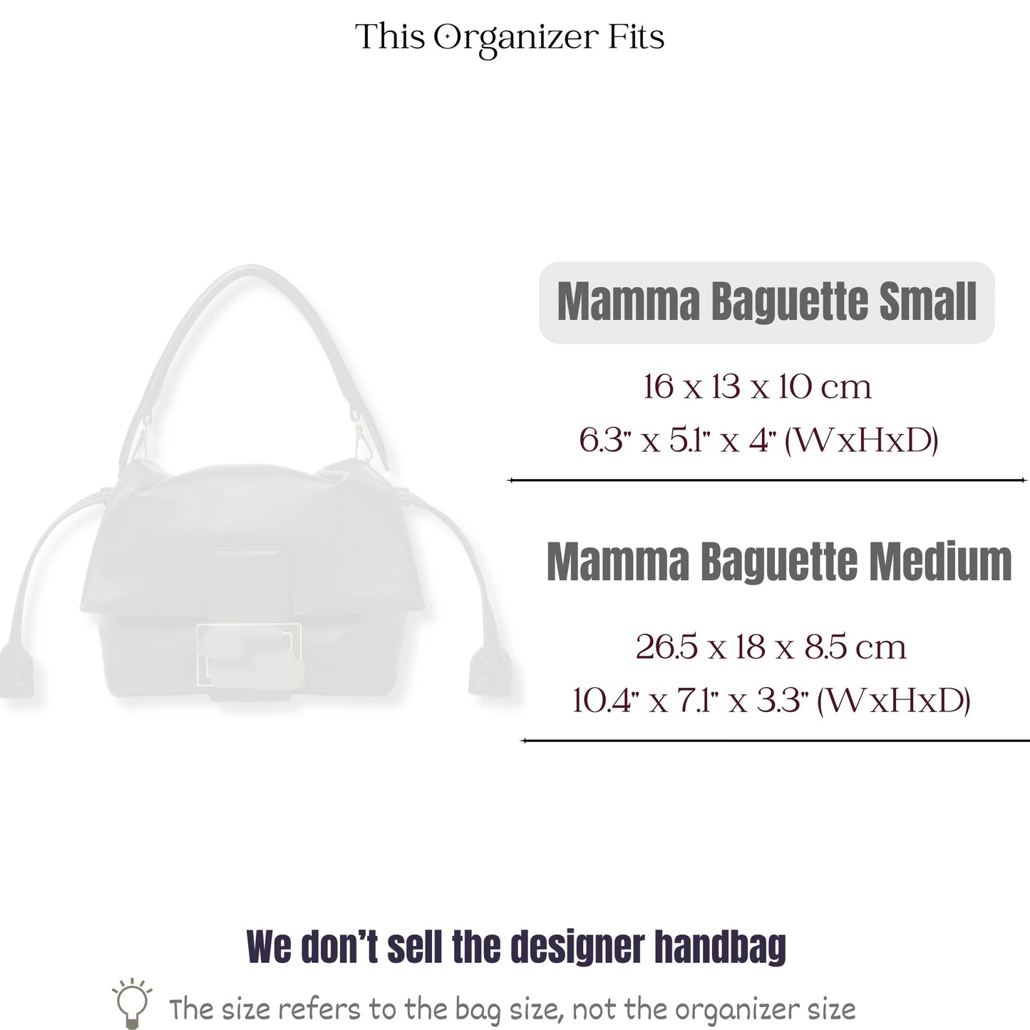 Bag Insert for (Fendi, Mamma Baguette Small) Organizer of Felt Fabric