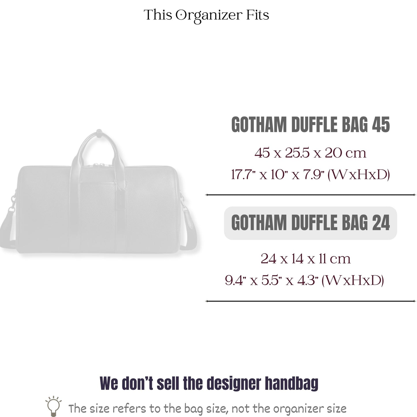 Bag Insert for (Coach, GOTHAM DUFFLE BAG 24) Organizer of Felt Fabric