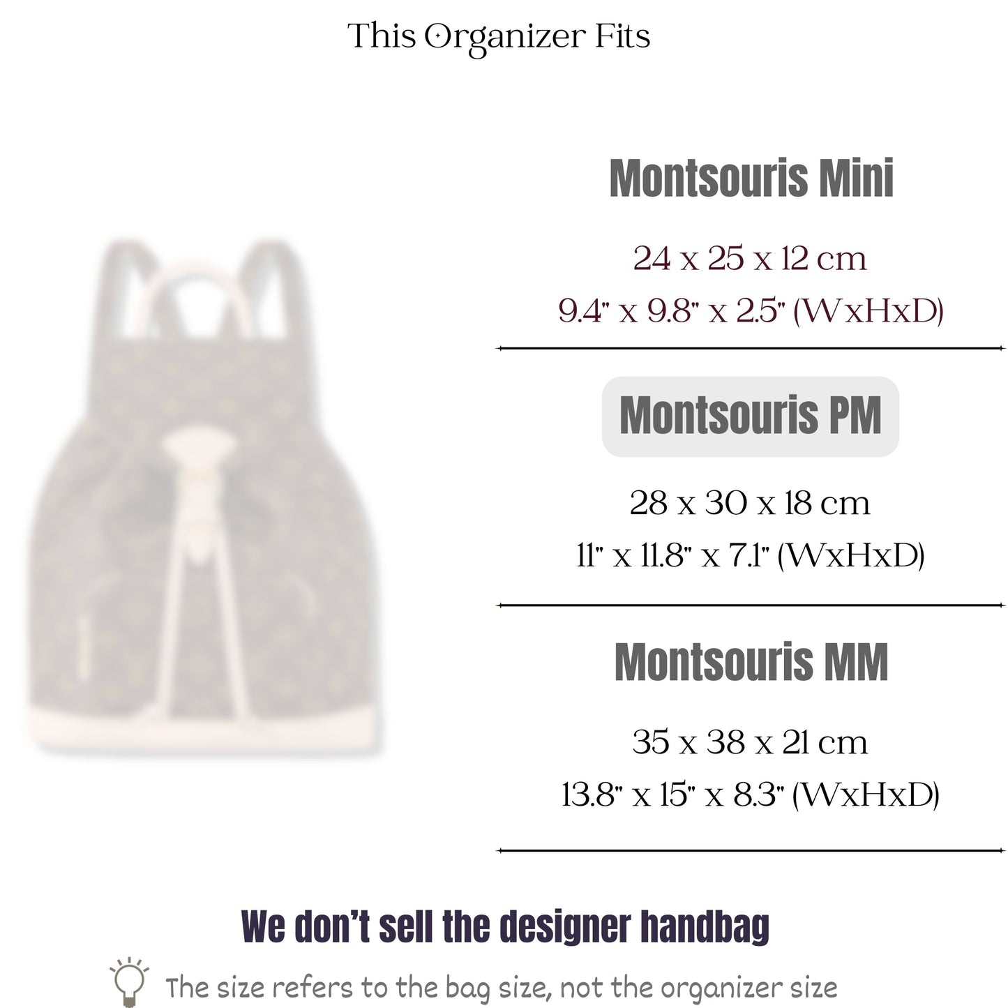 Bag Insert for (LV, Montsouris Vibe PM) Organizer of Felt Fabric