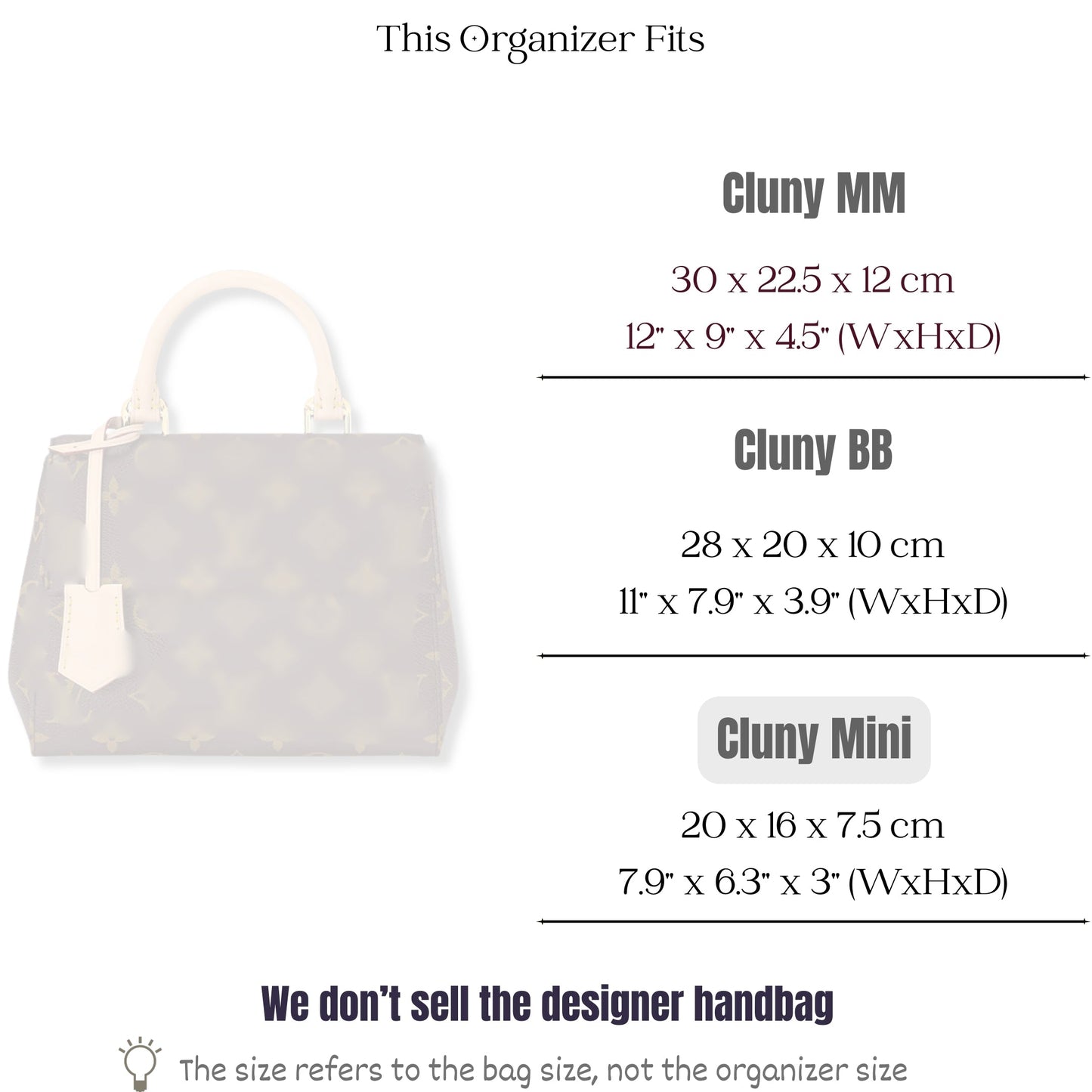 Bag Insert for (LV, Cluny Mini) Organizer of Silk Fabric