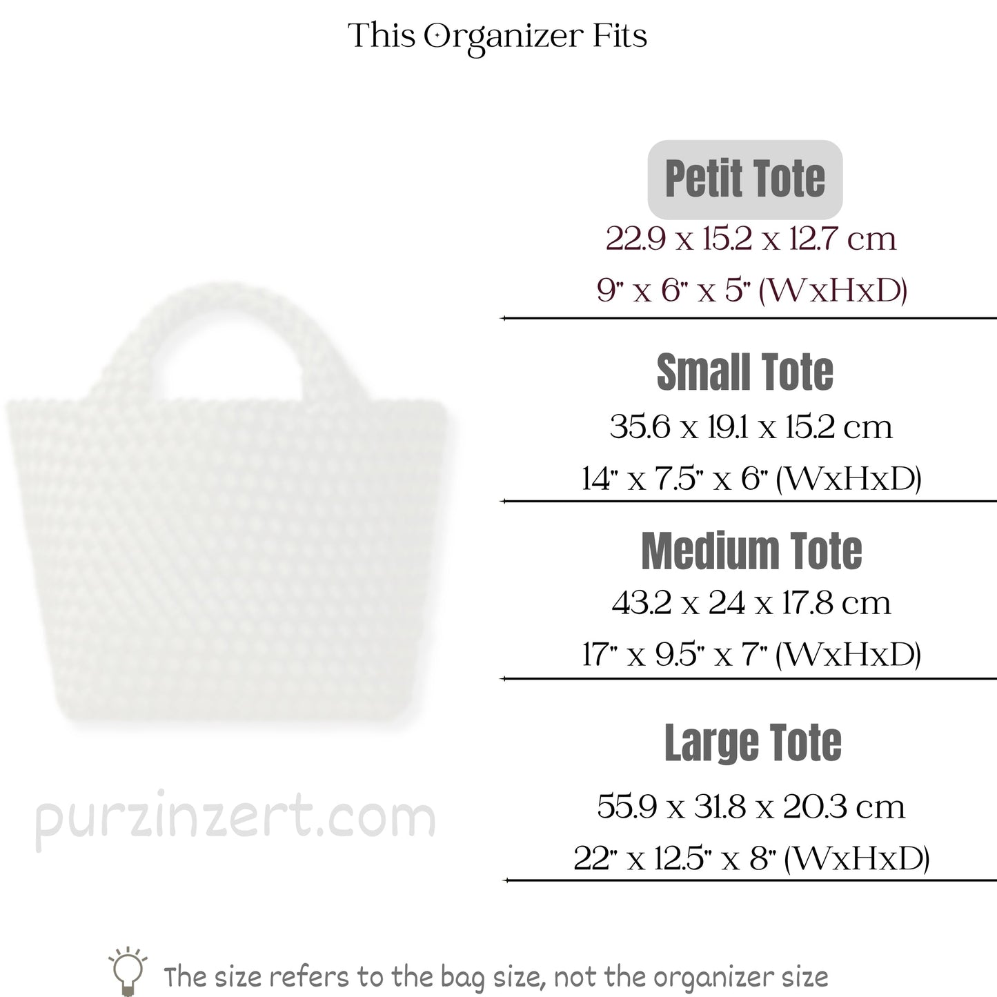 Bag Insert for (Naghedi, St Barths Petit Tote) Organizer of Felt Fabric