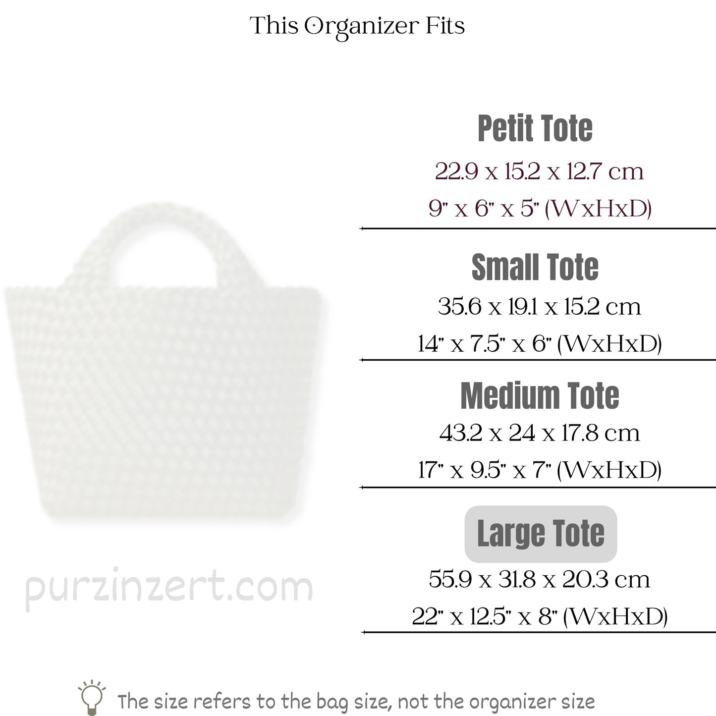 Bag Insert for (Naghedi, St Barths Large Tote) Organizer of Nylon Fabric