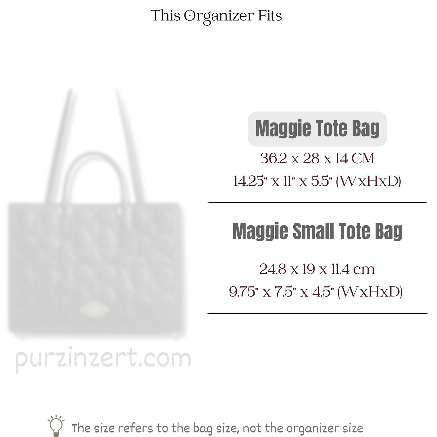 Bag Insert for (Coach, Maggie Tote Bag) Organizer of Silk Fabric