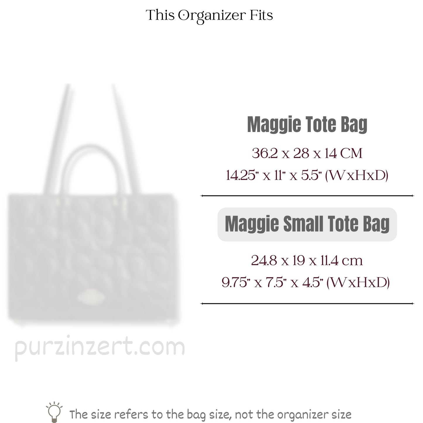 Bag Insert for (Coach, Maggie Small Tote Bag) Organizer of Silk Fabric