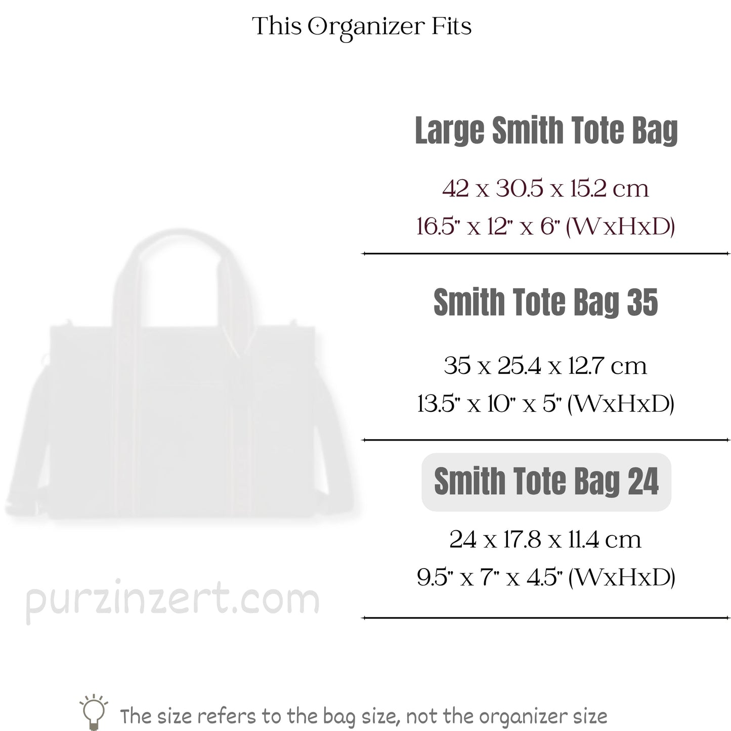 Bag Insert for (Coach, Smith Tote Bag 24) Organizer of Felt Fabric