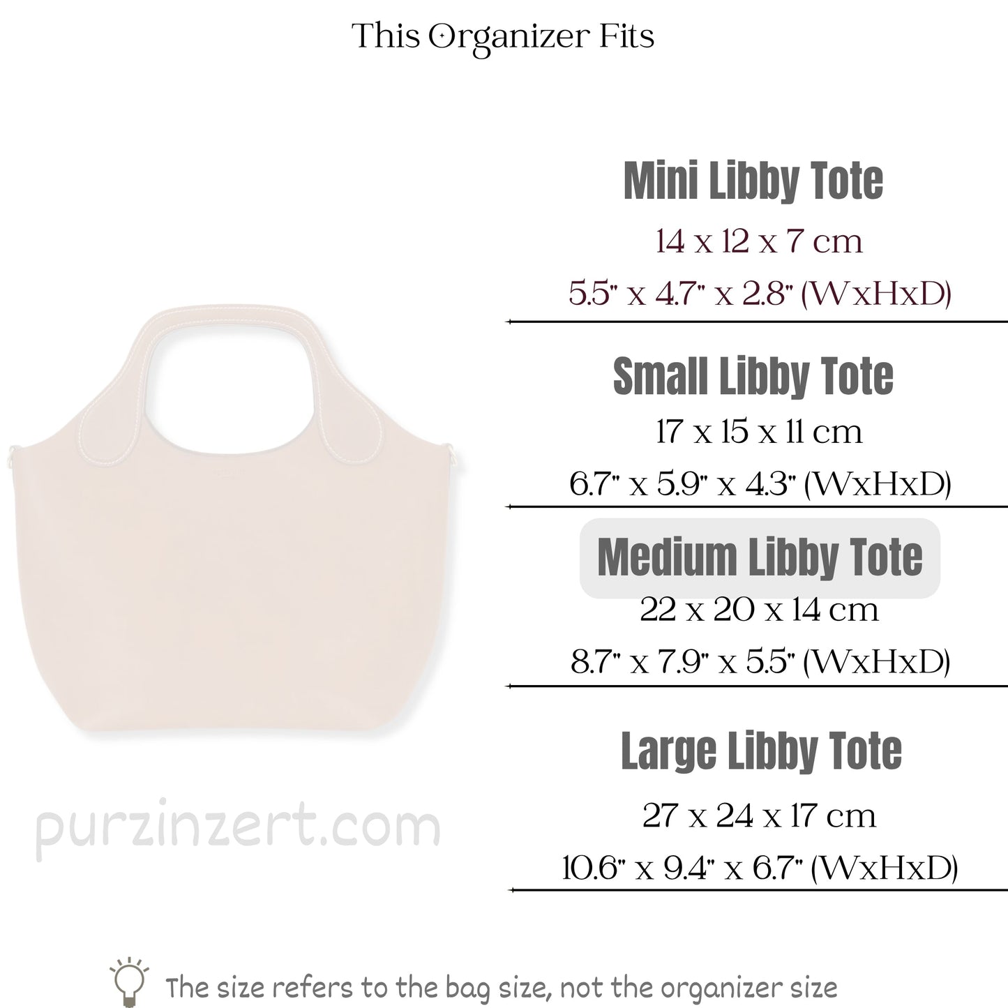 Bag Insert for (Peter Nitz, Medium Libby Tote in Arosa Calf) Organizer of Nylon Fabric