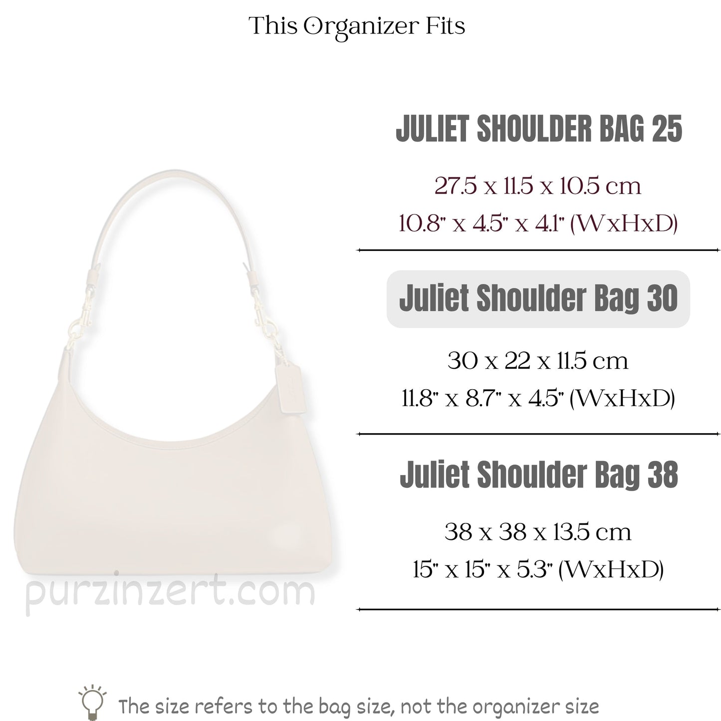 Bag Insert for (Coach, Juliet Shoulder Bag 30) Organizer of Felt Fabric