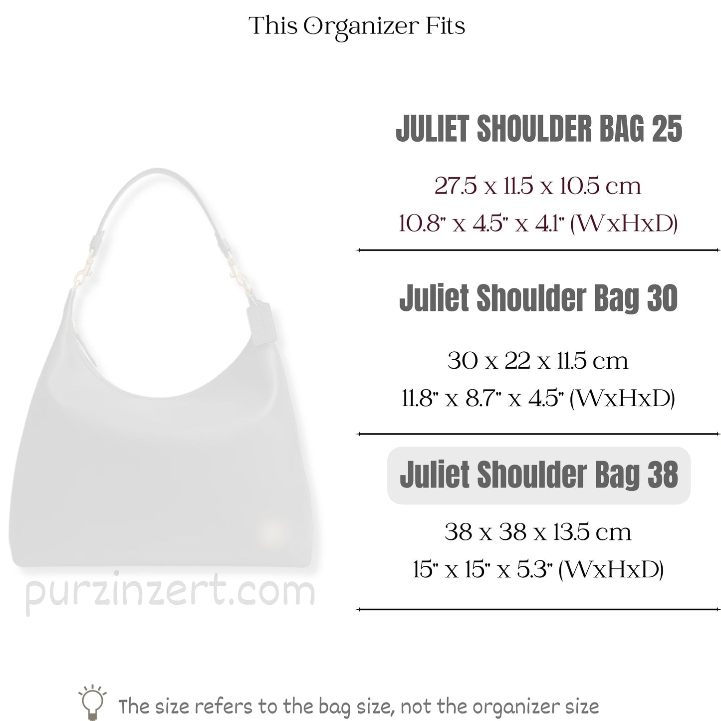 Bag Insert for (Coach, Juliet Shoulder Bag 38) Organizer of Felt Fabric