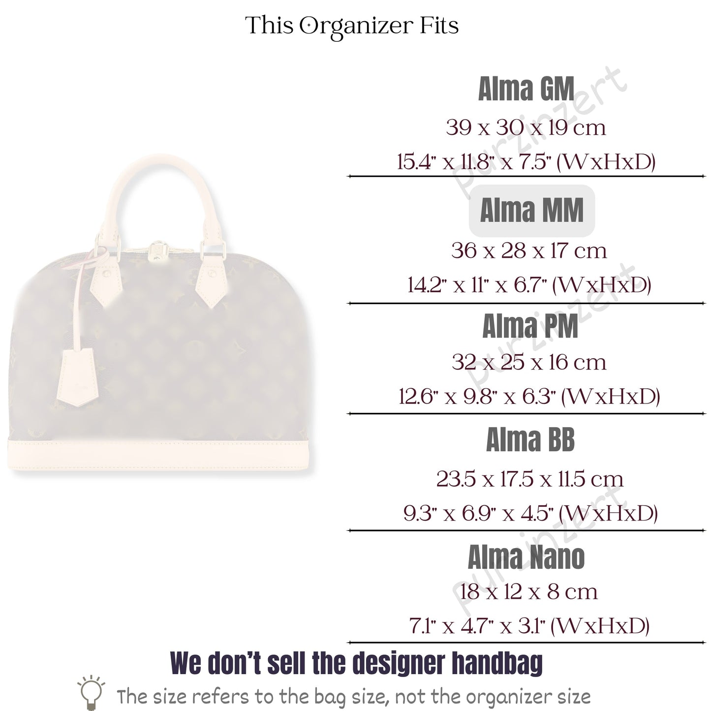 Bag Insert for (LV, Alma MM) Organizer of Silk Fabric