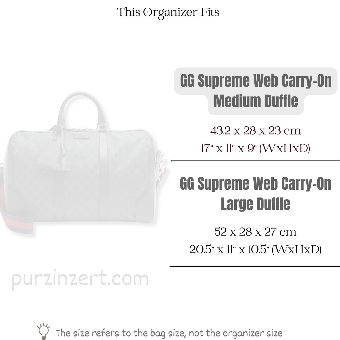 Bag Insert for (Gucci, GG Supreme Web Carry-On Medium Duffle) Organizer of Felt Fabric