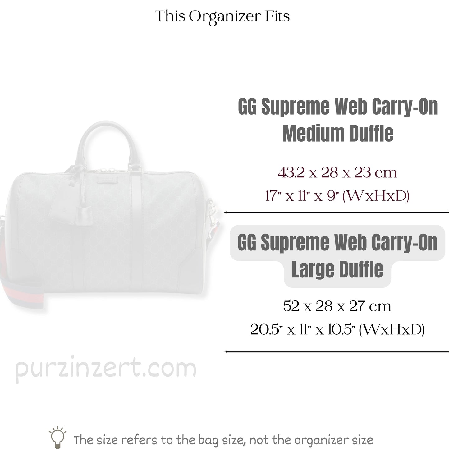 Bag Insert for (Gucci, GG Supreme Web Carry-On Large Duffle) Organizer of Felt Fabric