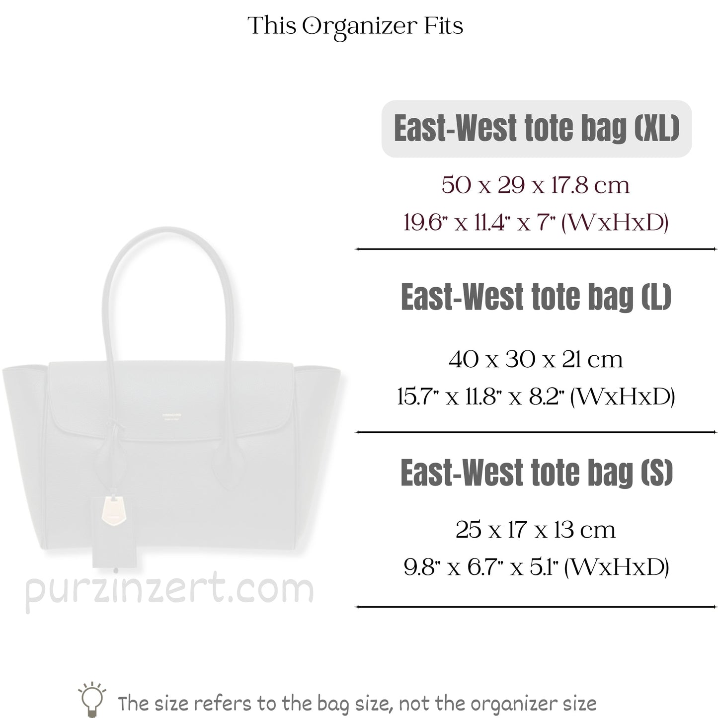 Bag Insert for (Ferragamo, East-West tote bag (XL)) Organizer of Felt Fabric
