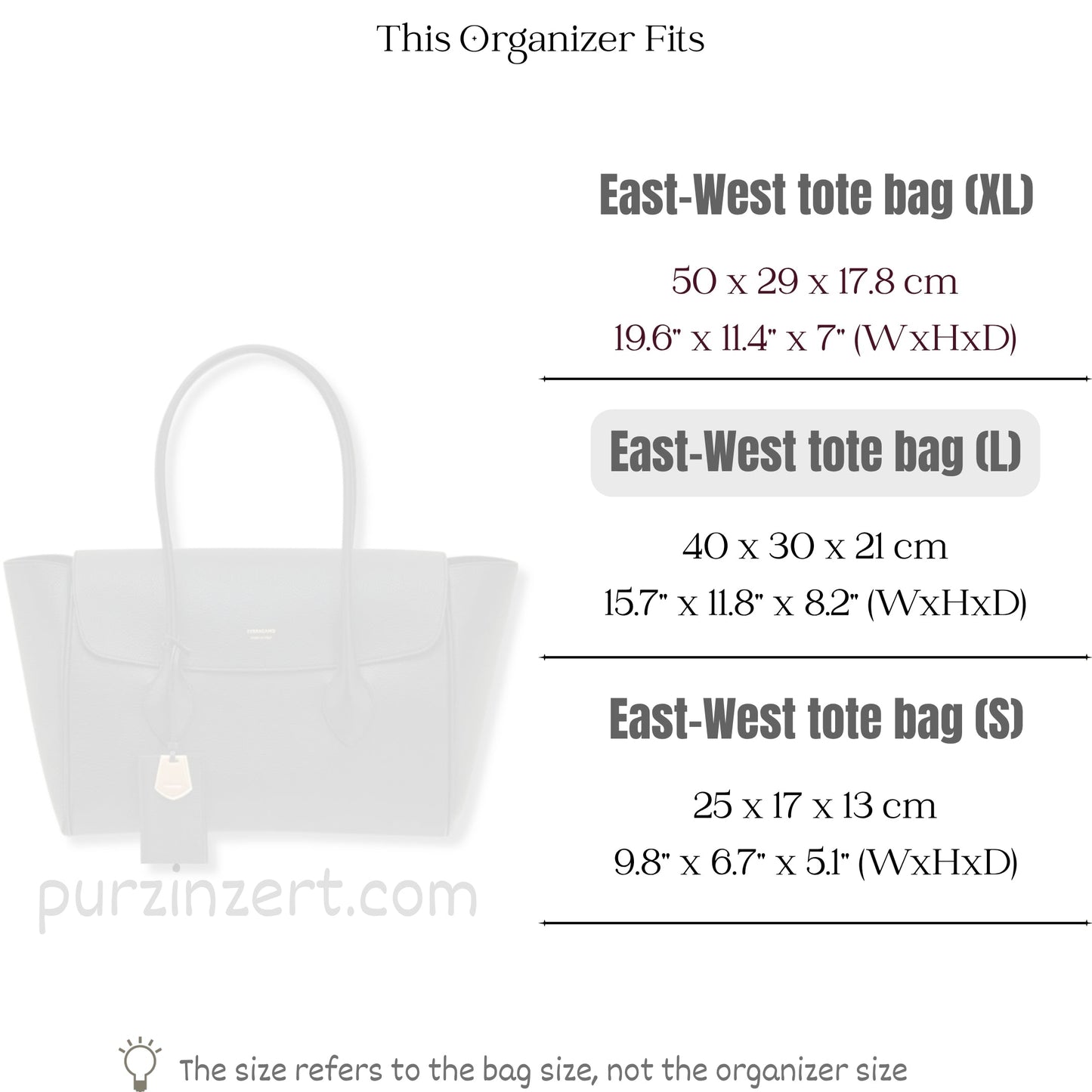 Bag Insert for (Ferragamo, East-West tote bag (L)) Organizer of Nylon Fabric