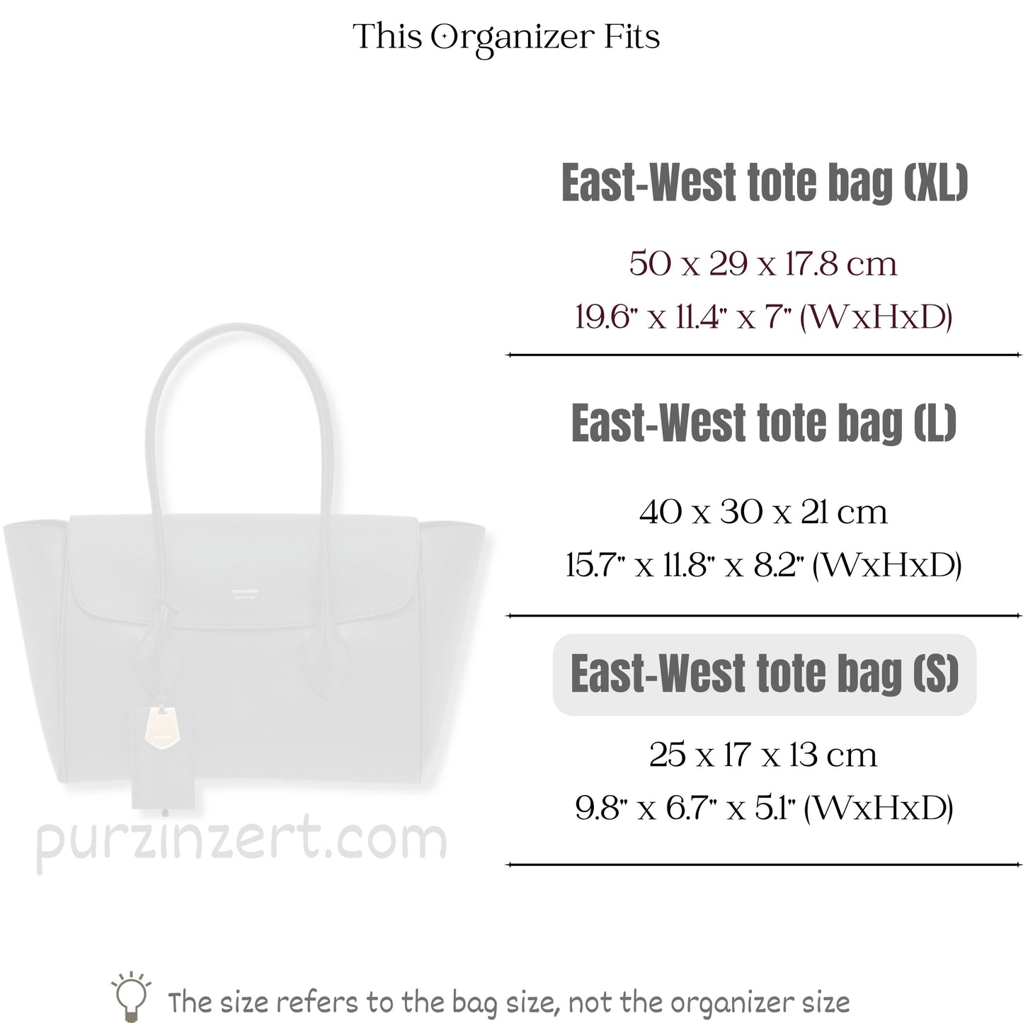 Bag Insert for (Ferragamo, East-West tote bag (S)) Organizer of Felt Fabric