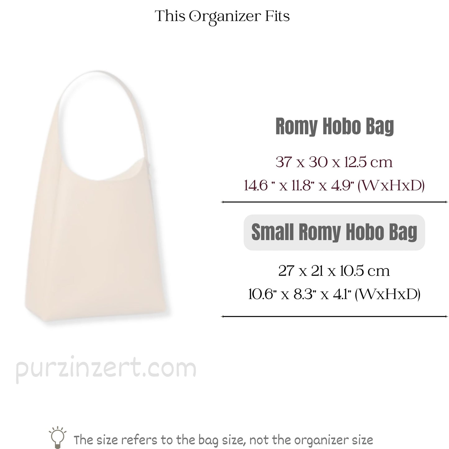 Bag Insert for (Tory Burch, Small Romy Hobo Bag) Organizer of Silk Fabric