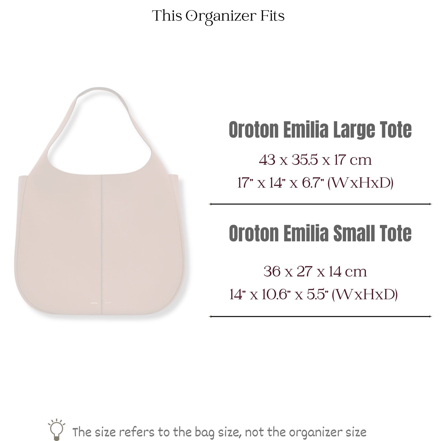 Bag Insert for (Oroton, Emilia Large Tote) Organizer of Silk Fabric