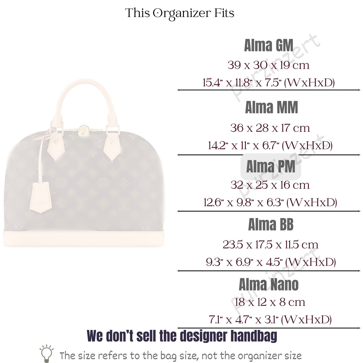 Bag Insert for (LV, Alma PM) Organizer of Silk Fabric