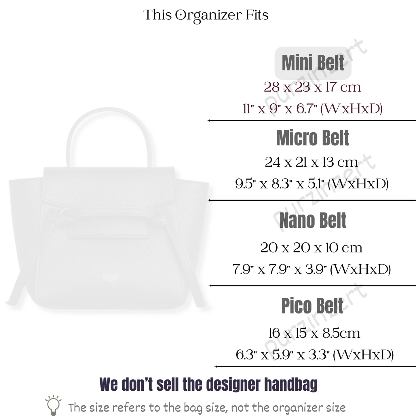 Bag Insert for (Celine, Mini Belt) Organizer of Silk Fabric